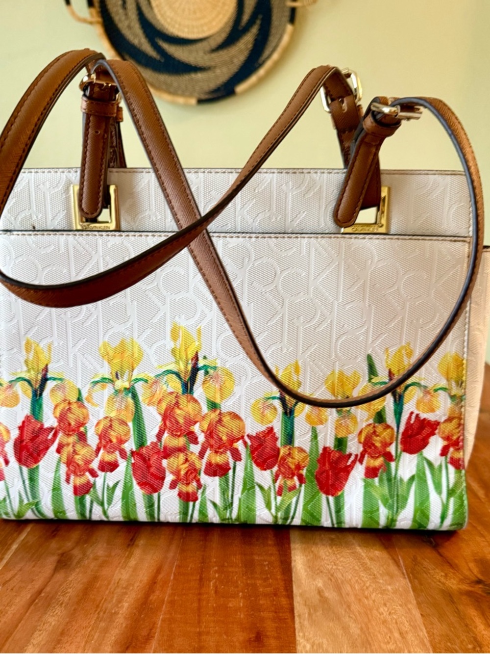 NWOT Calvin Klein Audrey CK Floral Emboss Satchel Handbag Iris Print Gold - Picture 4 of 6